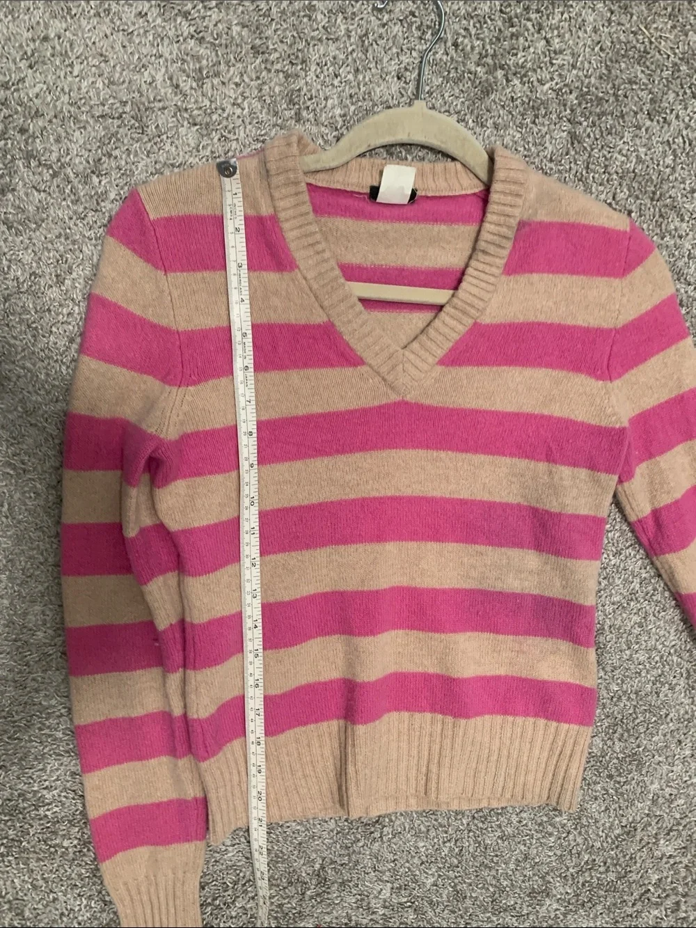 Y2K J. Crew Pink and Tan Striped V-Neck Wool Sweater